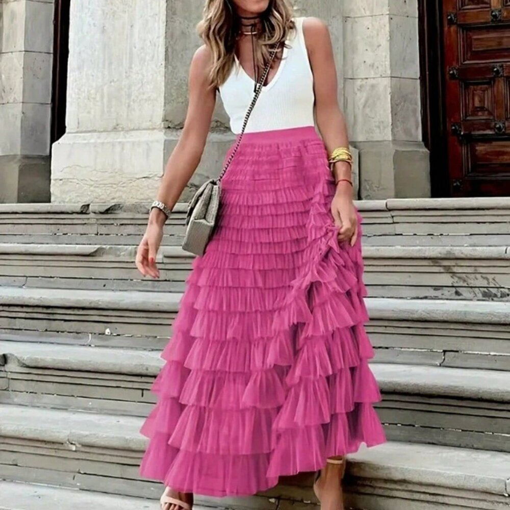Hot Pink Casual French Women's Elegant High Waist Mesh Tulle Puff Long Skirt - Picture 2 of 4